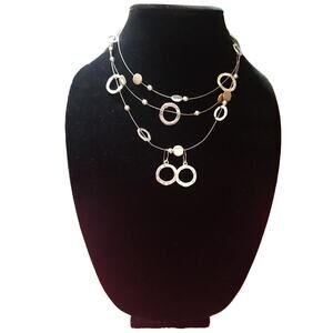 Pretty Silver Tone Circles & Beaded Invisible Chain Layered Necklace W Earrings